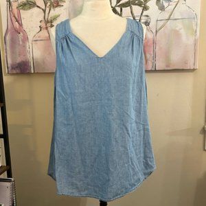 top blue denim v-neck sleeveless shirt